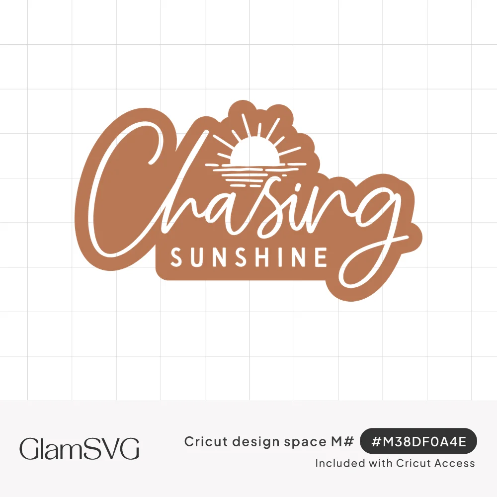 Script lettering reading Chasing Sunshine with a small sunset over water lines on a terracotta sticker-shaped background