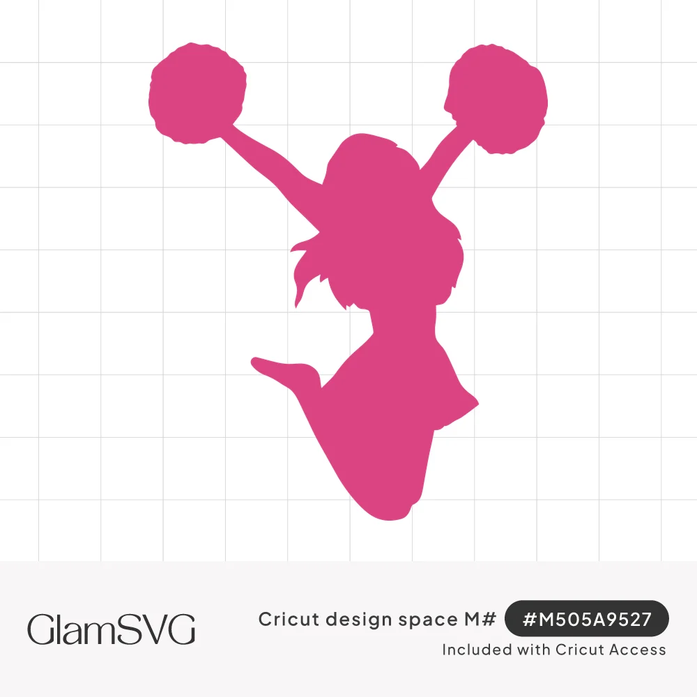 Pink silhouette of a cheerleader jumping with pom-poms raised above her head and hair flying