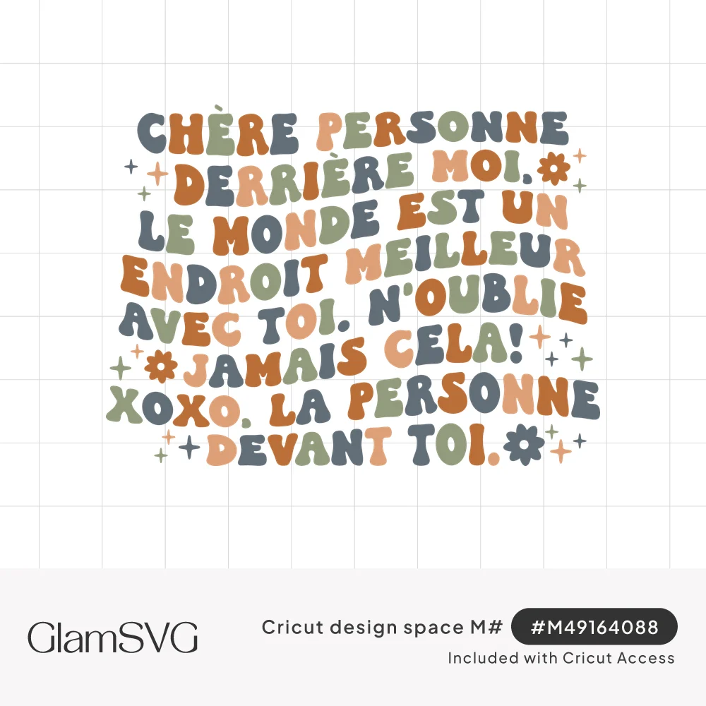 Groovy bubble-letter French quote in slate, sage, orange and peach with small daisies and sparkles