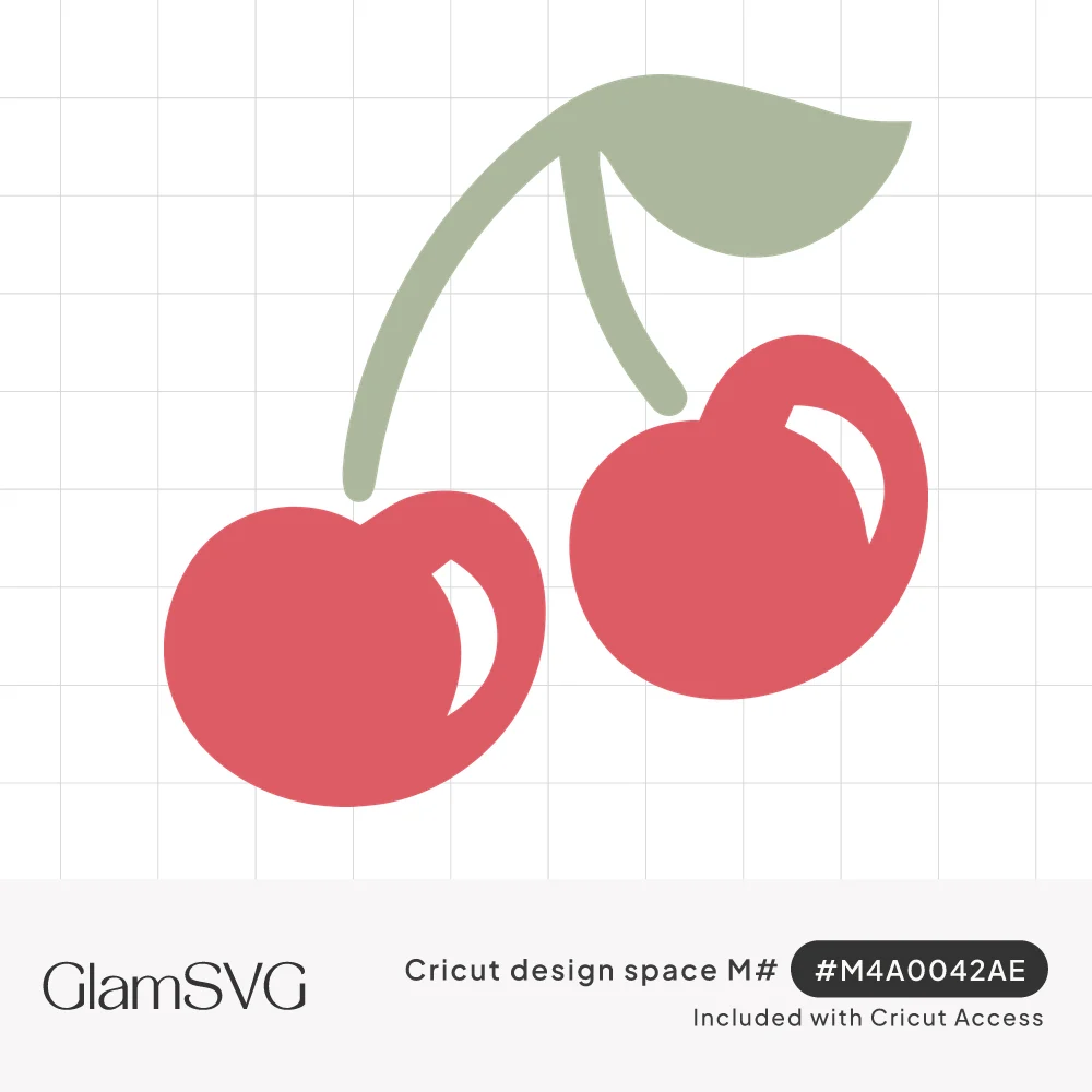 Two red cherries with white highlights hanging from curved sage green stems joined by a single green leaf