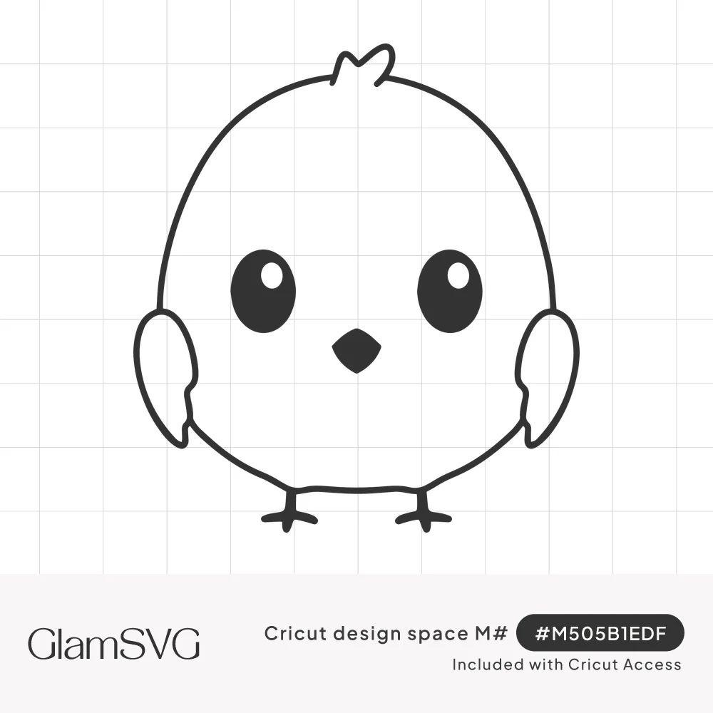 Black outline drawing of a round baby chick with big shiny eyes, small beak, head tuft, little wings and feet
