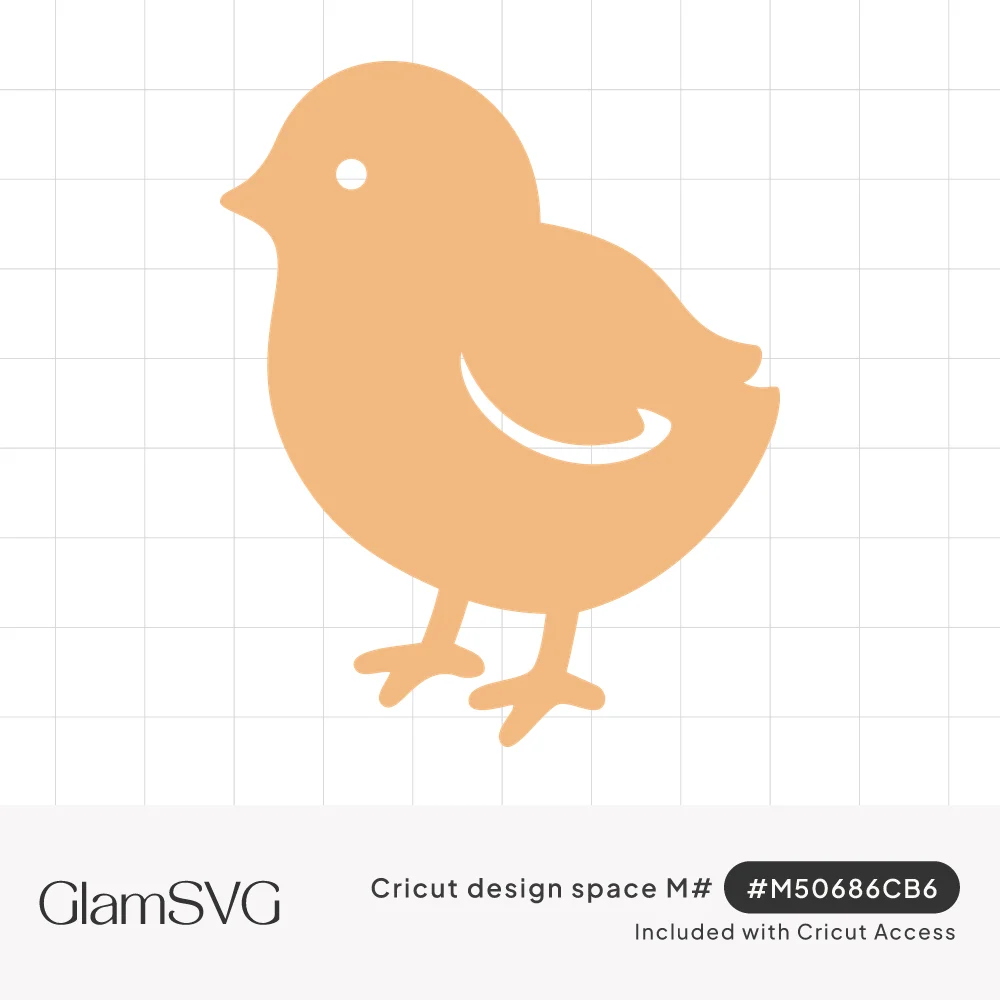 Peach baby chick silhouette standing in profile with a round eye, small beak and curved wing cutout