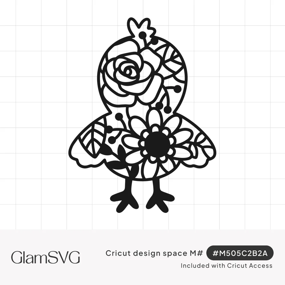 Black silhouette of a baby chick filled with a lace-like pattern of roses, daisies, leaves and berry sprigs