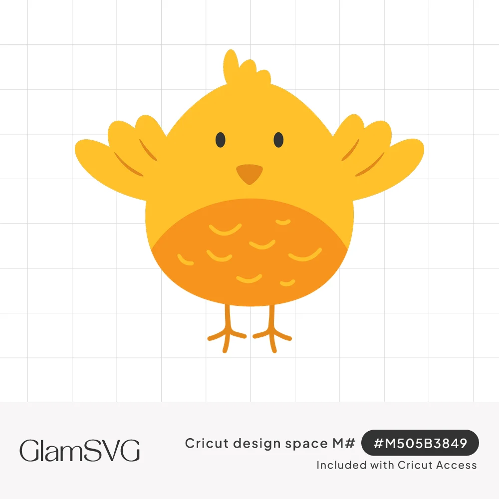 Cartoon yellow chick with outstretched wings, orange beak, orange feathered belly and thin orange legs