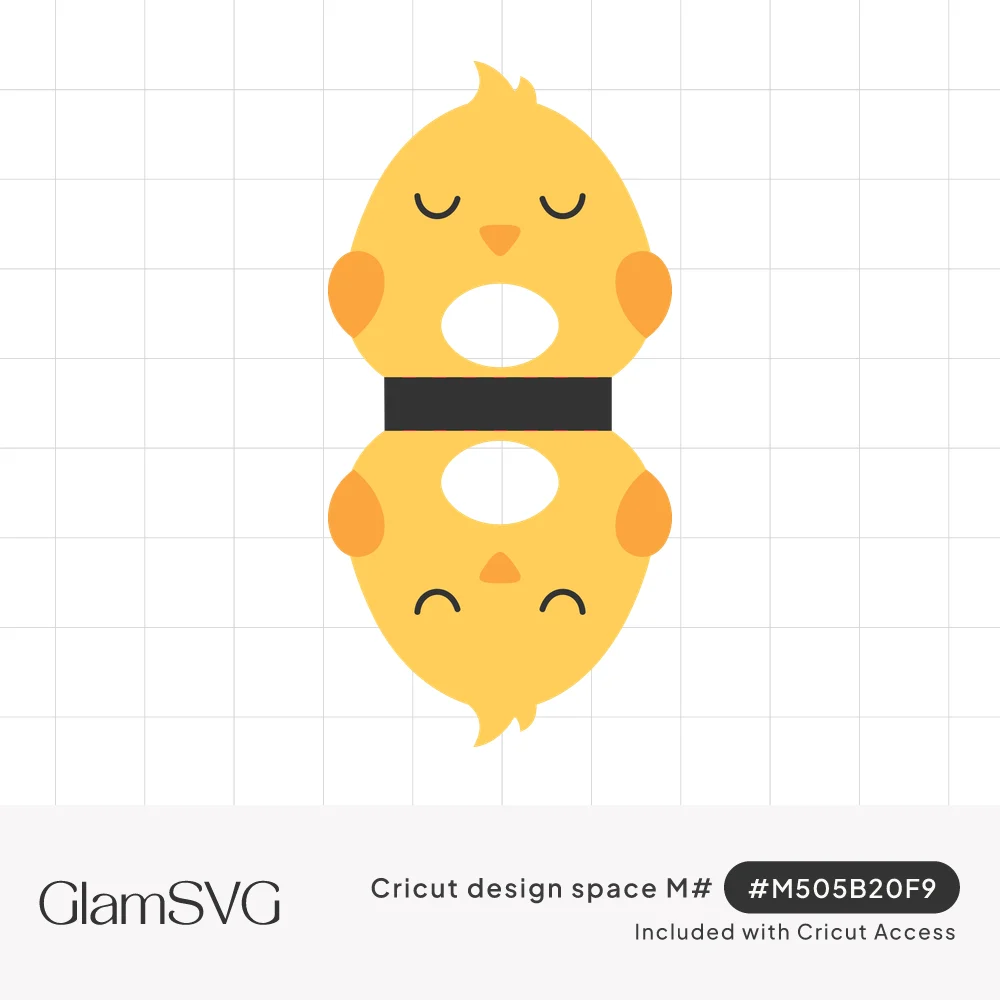 Flat cut template of two mirrored yellow chicks with orange wings and closed eyes, joined by a band to hold an egg
