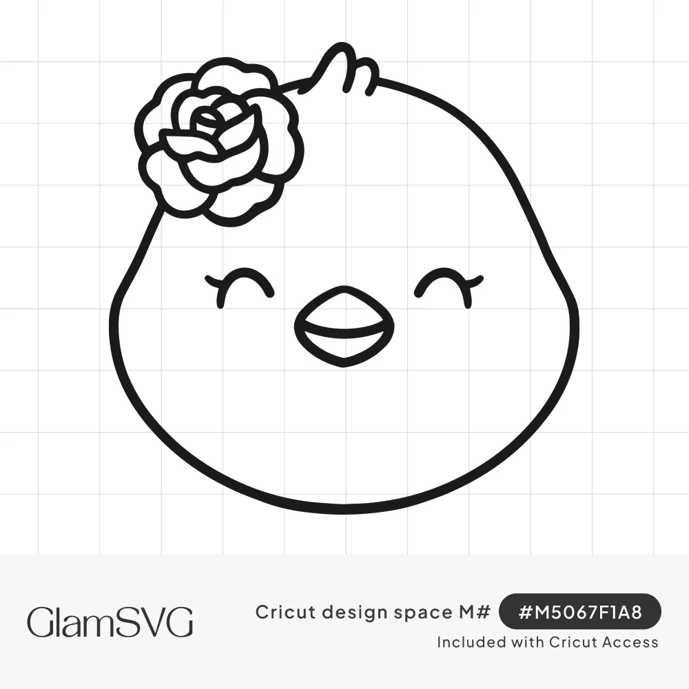 Line drawing of a round baby chick face with closed smiling eyes, lashes, an open beak and a rose on its head