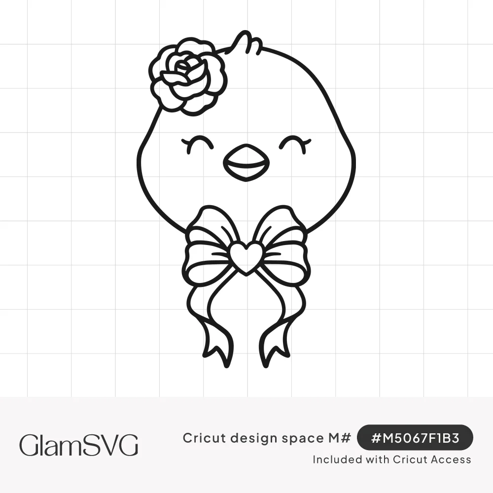 Line drawing of a smiling baby chick with closed eyes, a rose on its head and a ribbon bow with a heart center