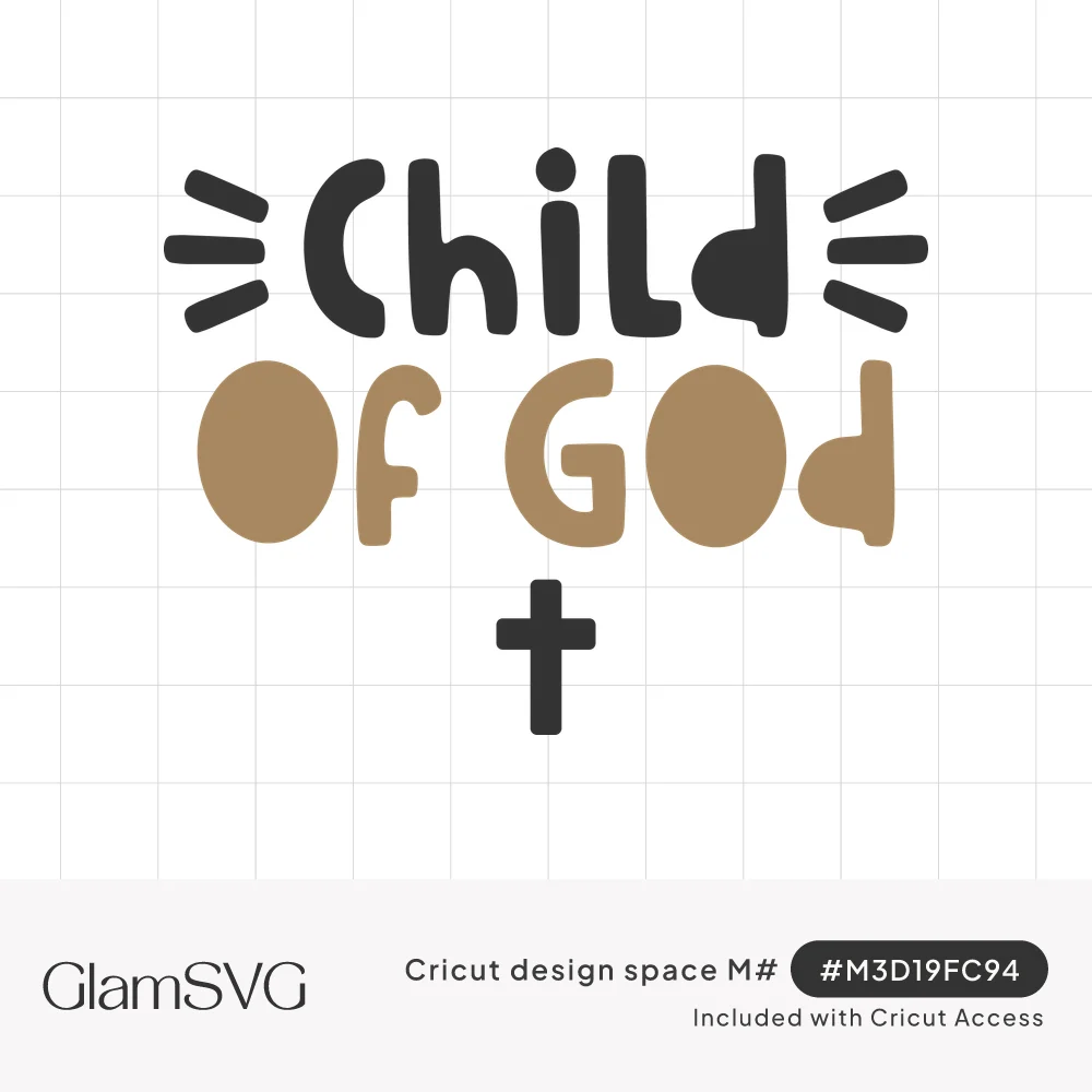 "Child of God" in chunky charcoal and tan lettering with sunburst dashes and a small cross below