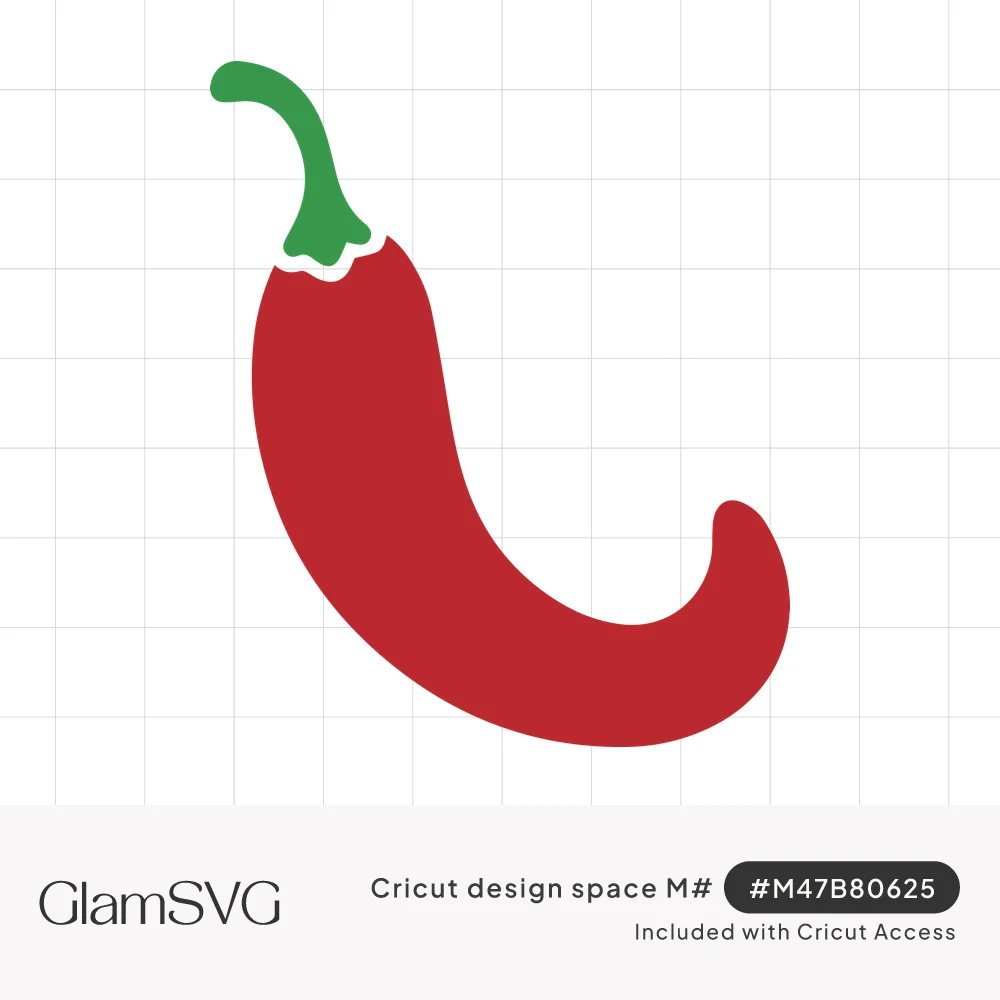 Curved red chili pepper with a green stem and scalloped cap on a white background