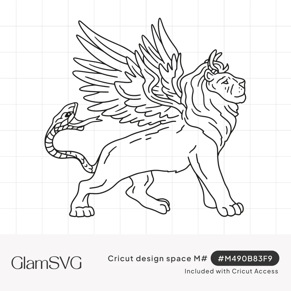 Line drawing of a winged lion chimera with a mane, feathered wings and a snake for a tail, standing in profile