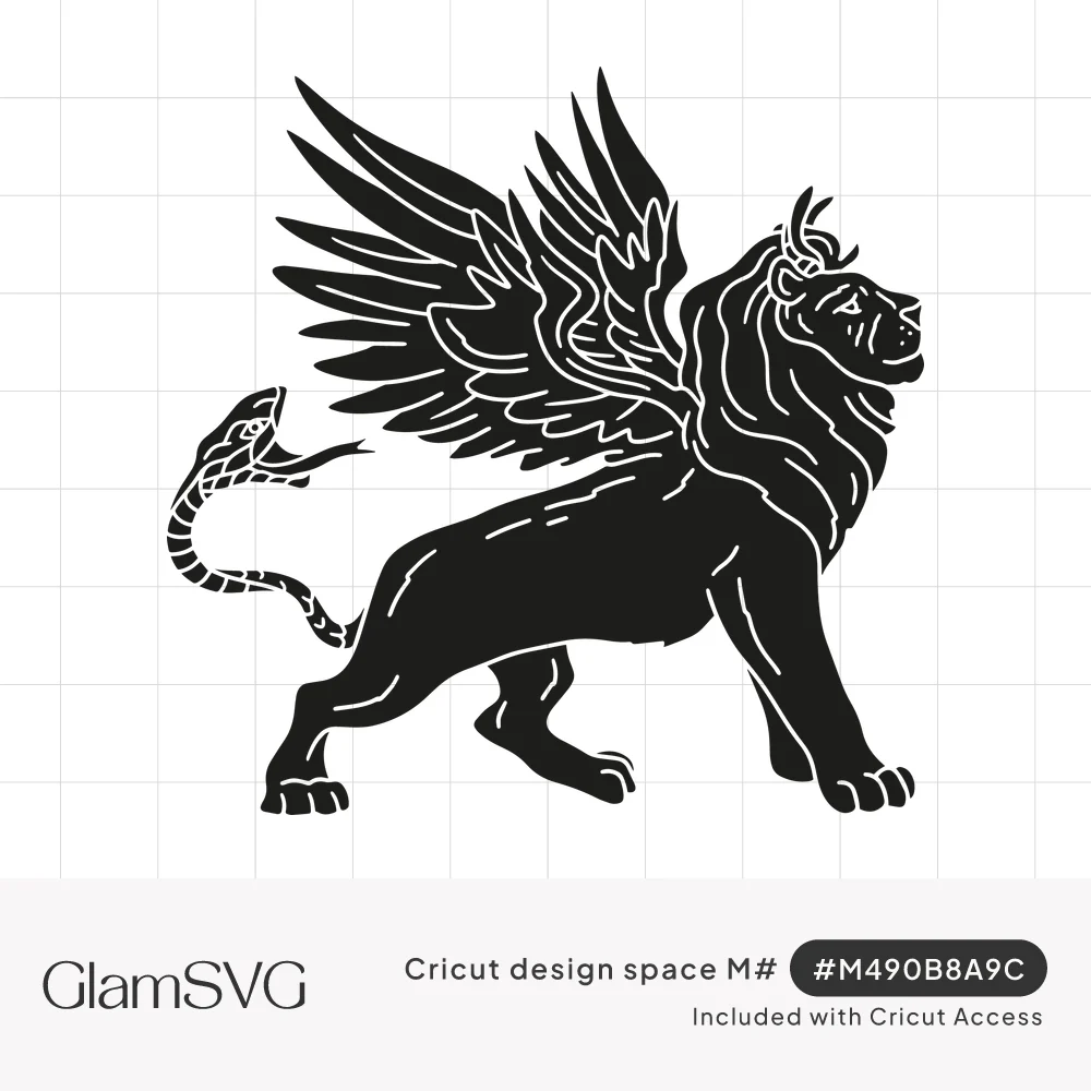 Black silhouette of a winged lion chimera with feathered wings, flowing mane and a snake-headed tail, with white line details
