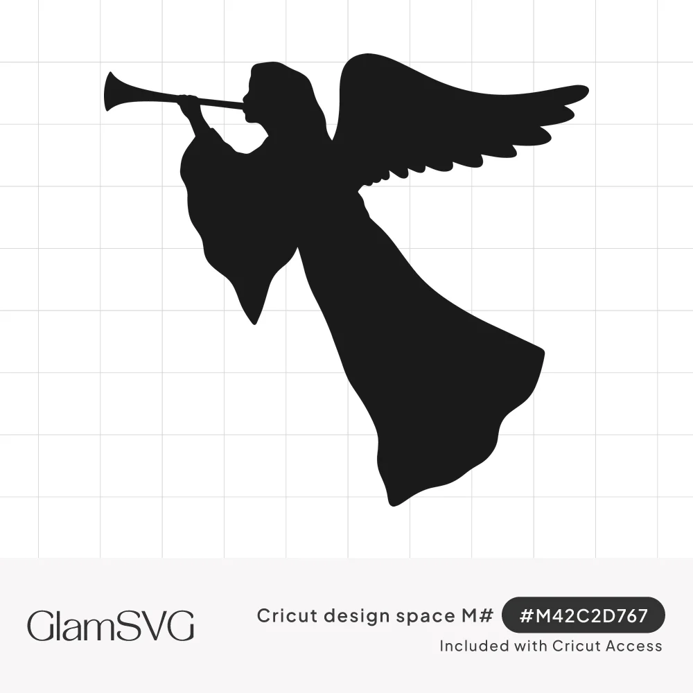 Solid black silhouette of an angel with feathered wings and a flowing gown blowing a long trumpet