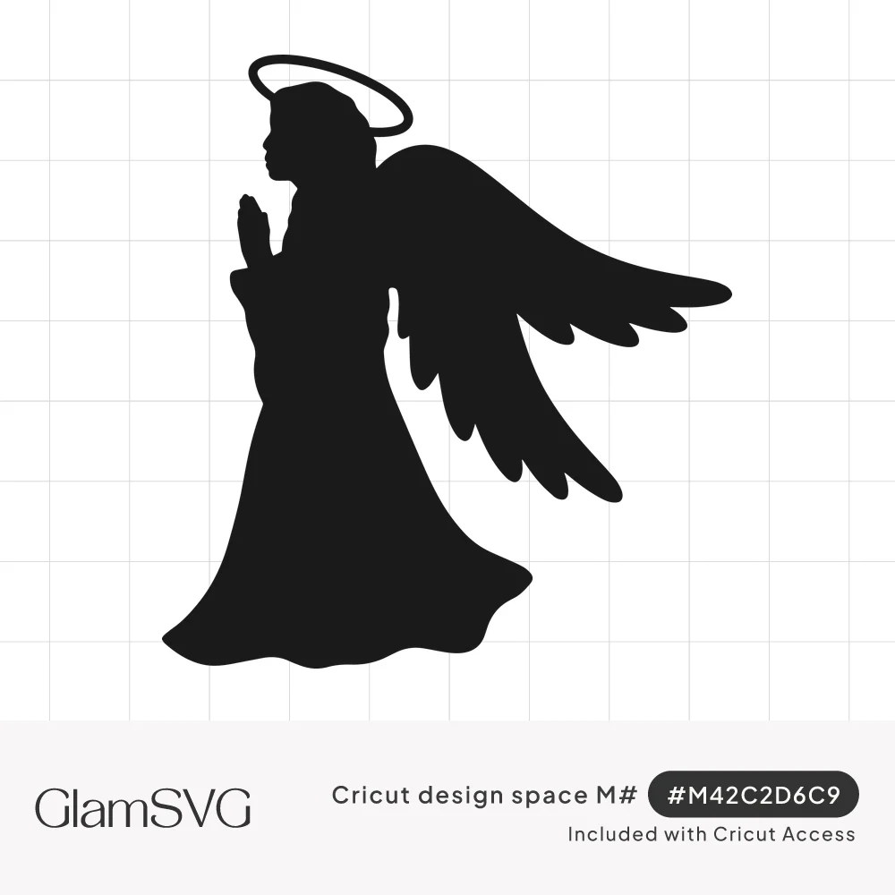 Black silhouette of a praying angel with a halo, folded hands, long gown and large feathered wings