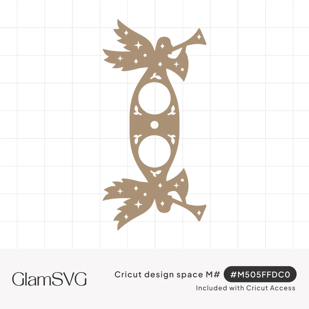 Kraft paper lollipop holder with mirrored trumpeting angels, star cutouts, holly accents and two round center openings