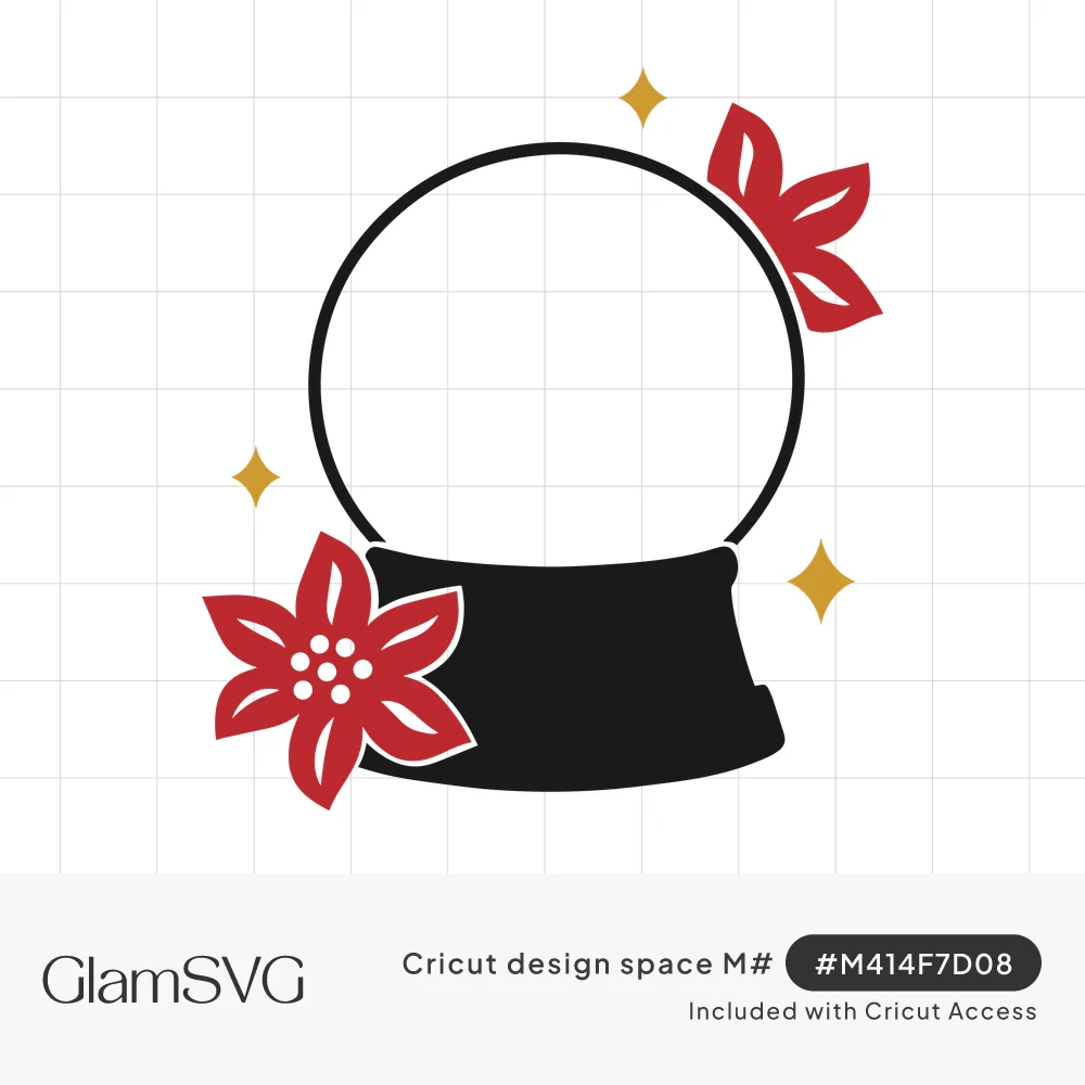 Empty black snow globe outline with red poinsettia flowers and small gold sparkles around it