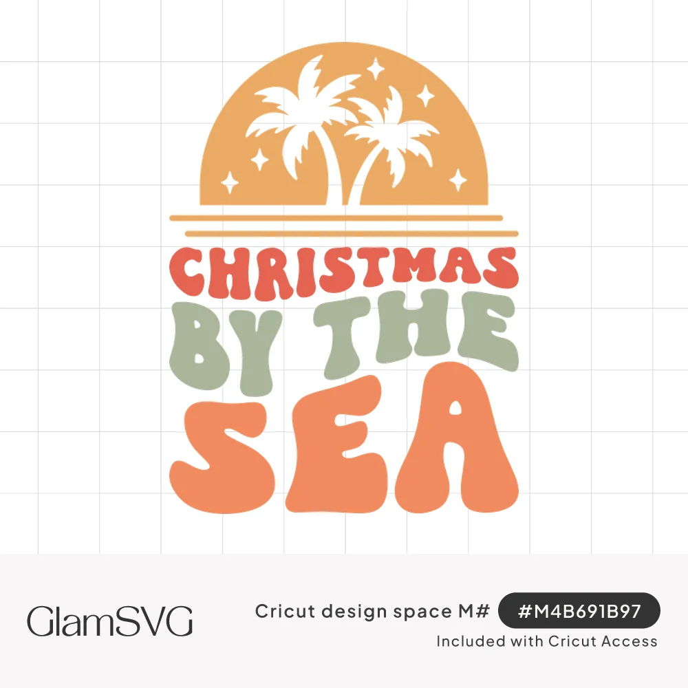 Retro half-sun with white palm trees and sparkles above groovy lettering reading Christmas by the Sea in coral, sage and oran