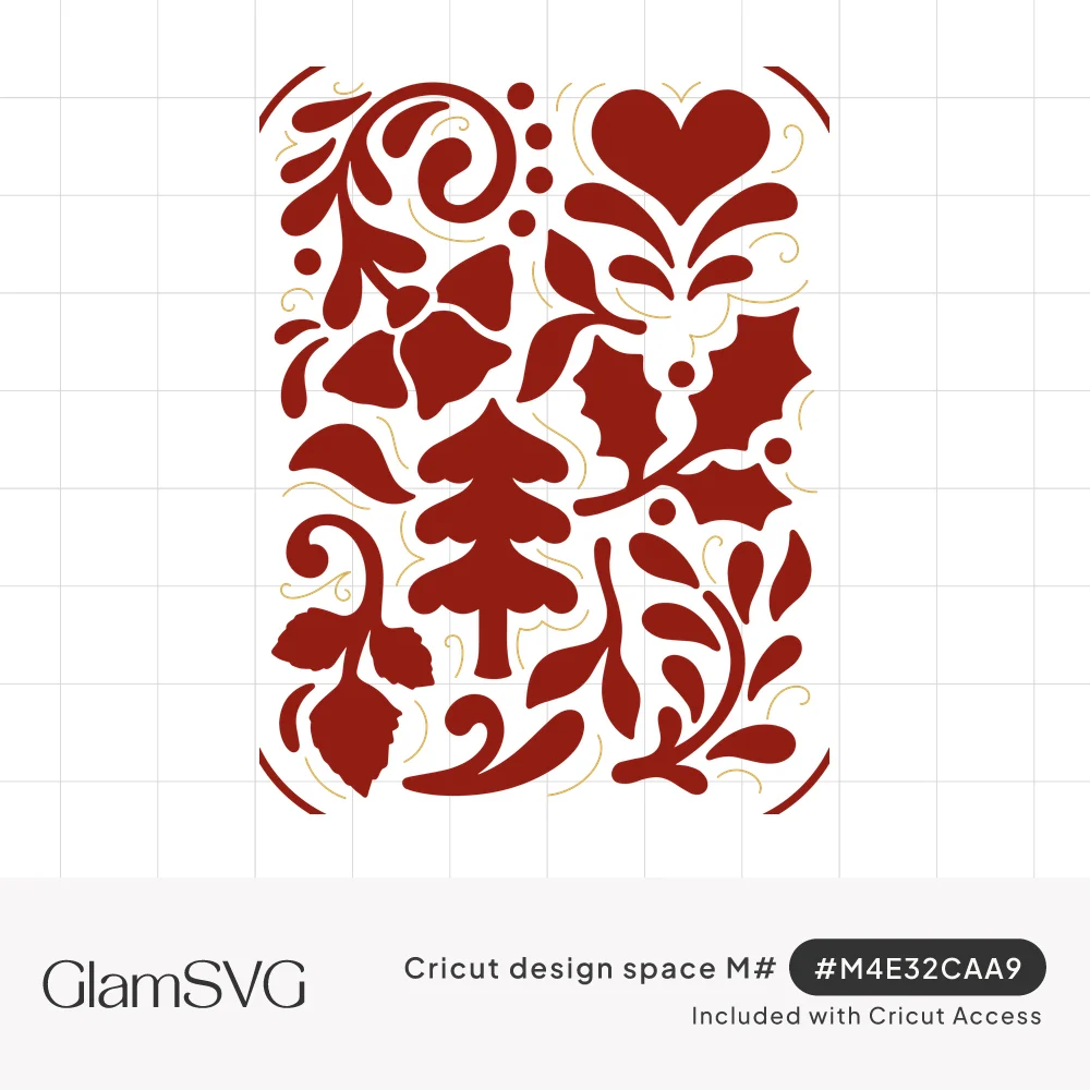 Red folk art Christmas panel with a tree, holly, heart, bell flower and swirling leaves in a rounded rectangle