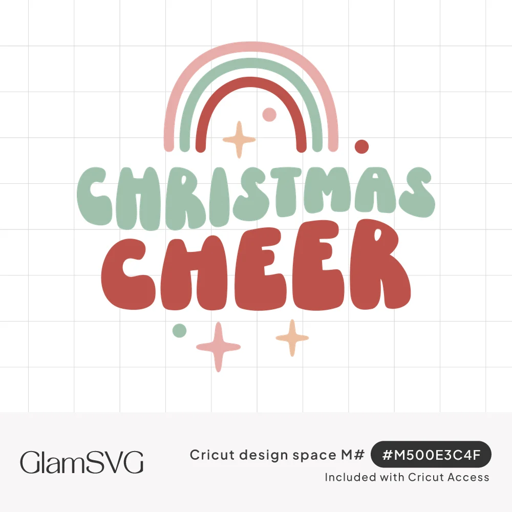 Bubbly retro Christmas Cheer lettering in sage green and red beneath a pink and green rainbow with small sparkles