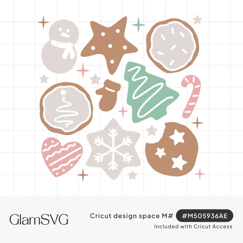 Pastel Christmas cookies including a snowman, star, mitten, candy cane, iced tree, heart and snowflake with sparkles
