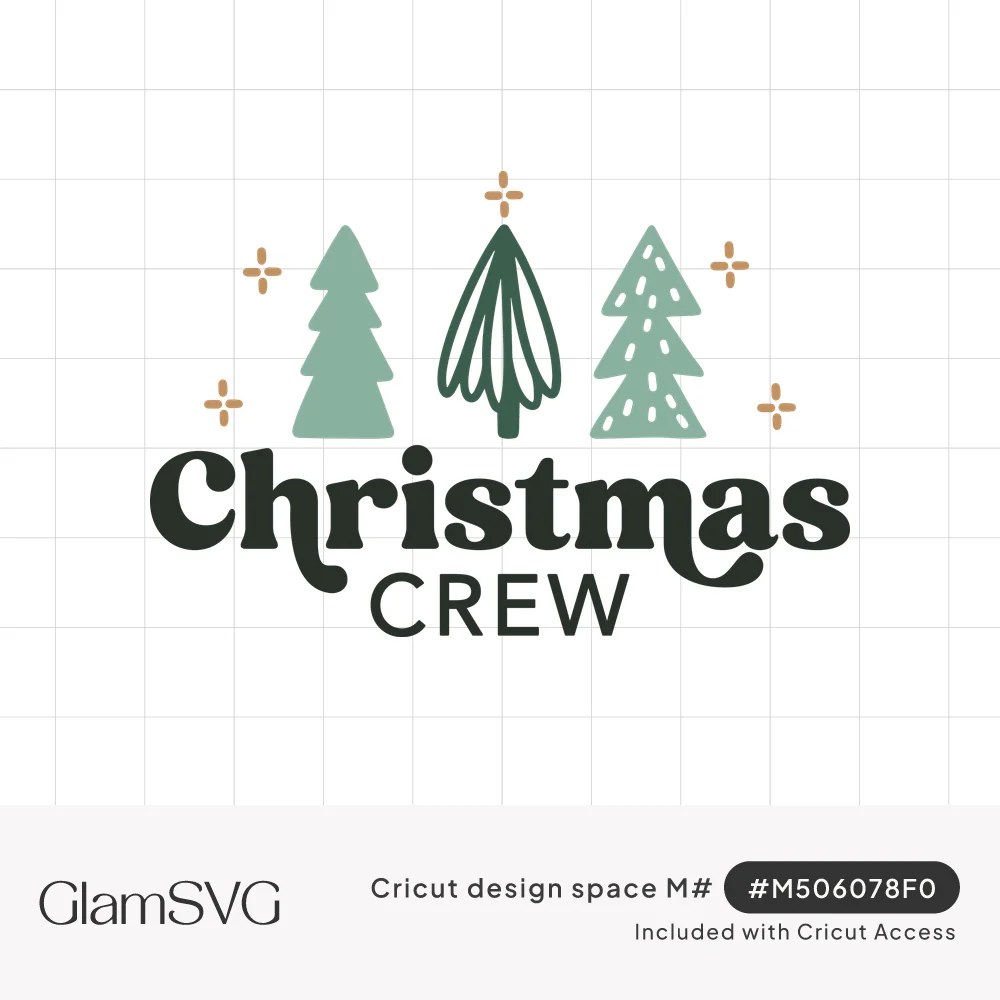 Three green stylized Christmas trees with small copper sparkles above bold retro text reading Christmas Crew