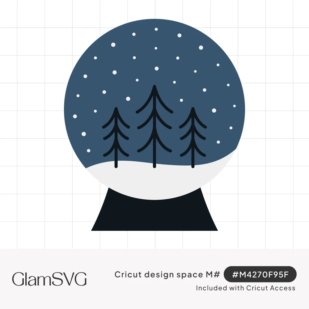 Snow globe illustration with three dark pine trees, white falling snow on a navy sky, a snowy hill and a black base