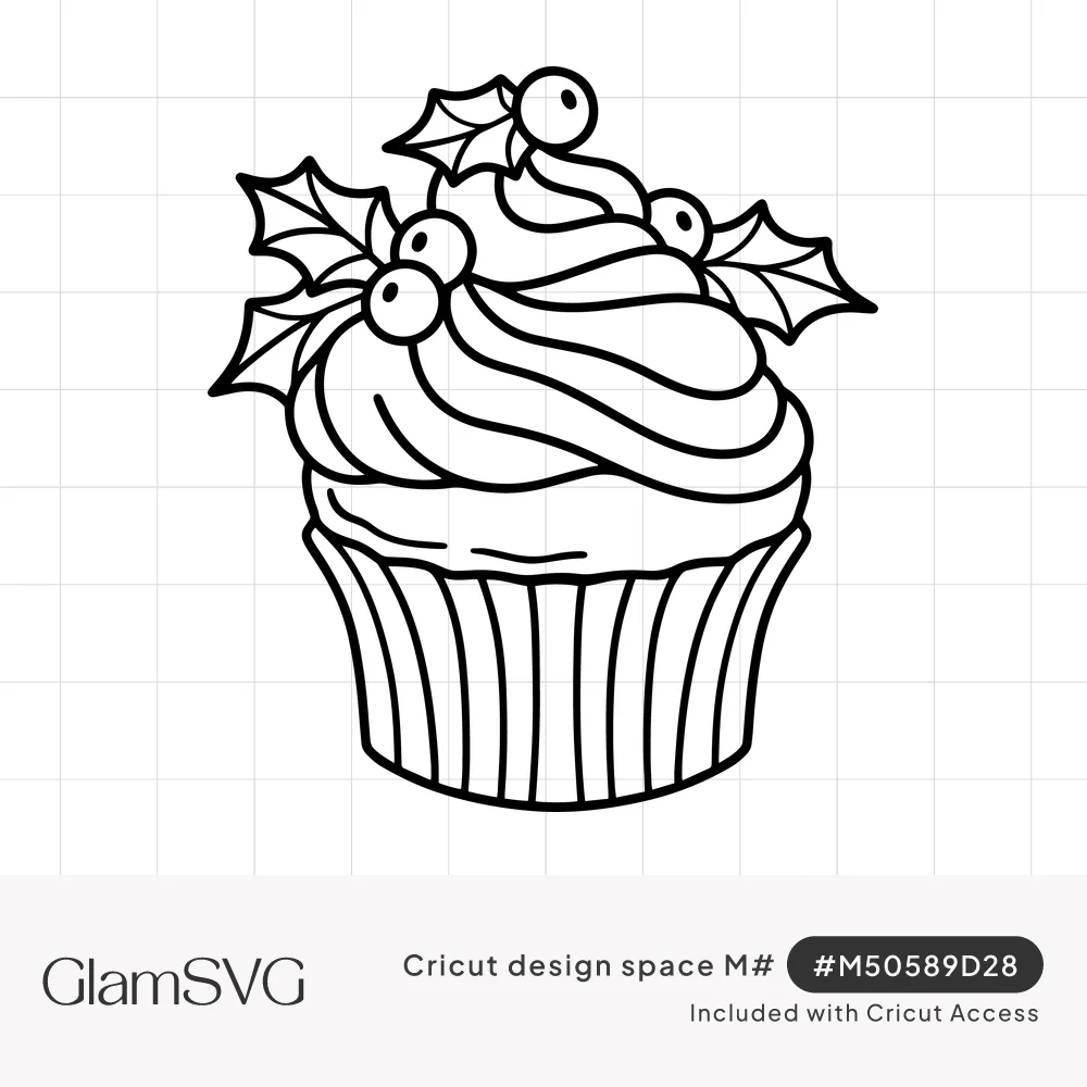 Black line drawing of a cupcake with swirled frosting topped with holly leaves and berries in a fluted liner