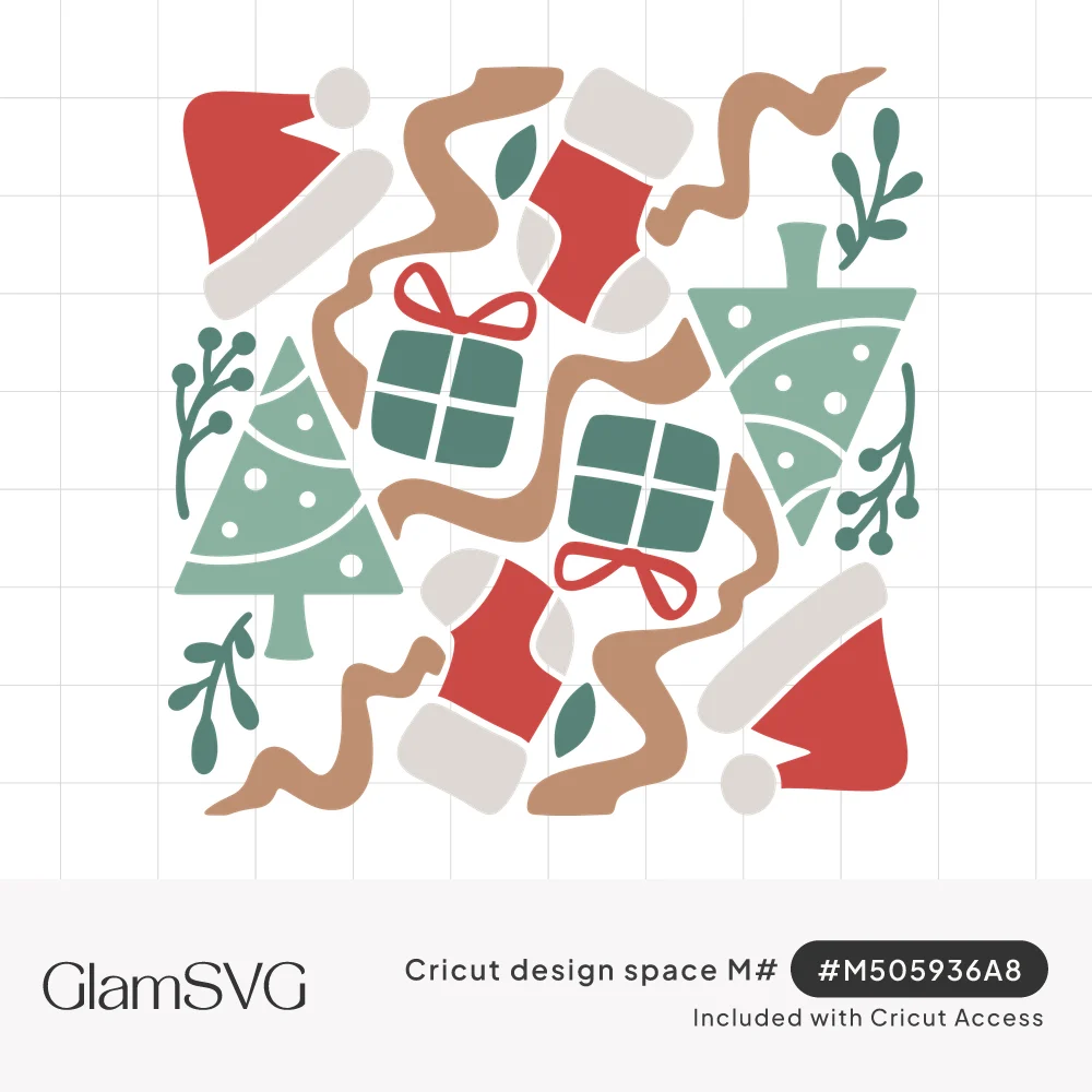 Square Christmas pattern with wrapped gifts, red stockings, green trees, Santa hats, tan ribbon and berry sprigs