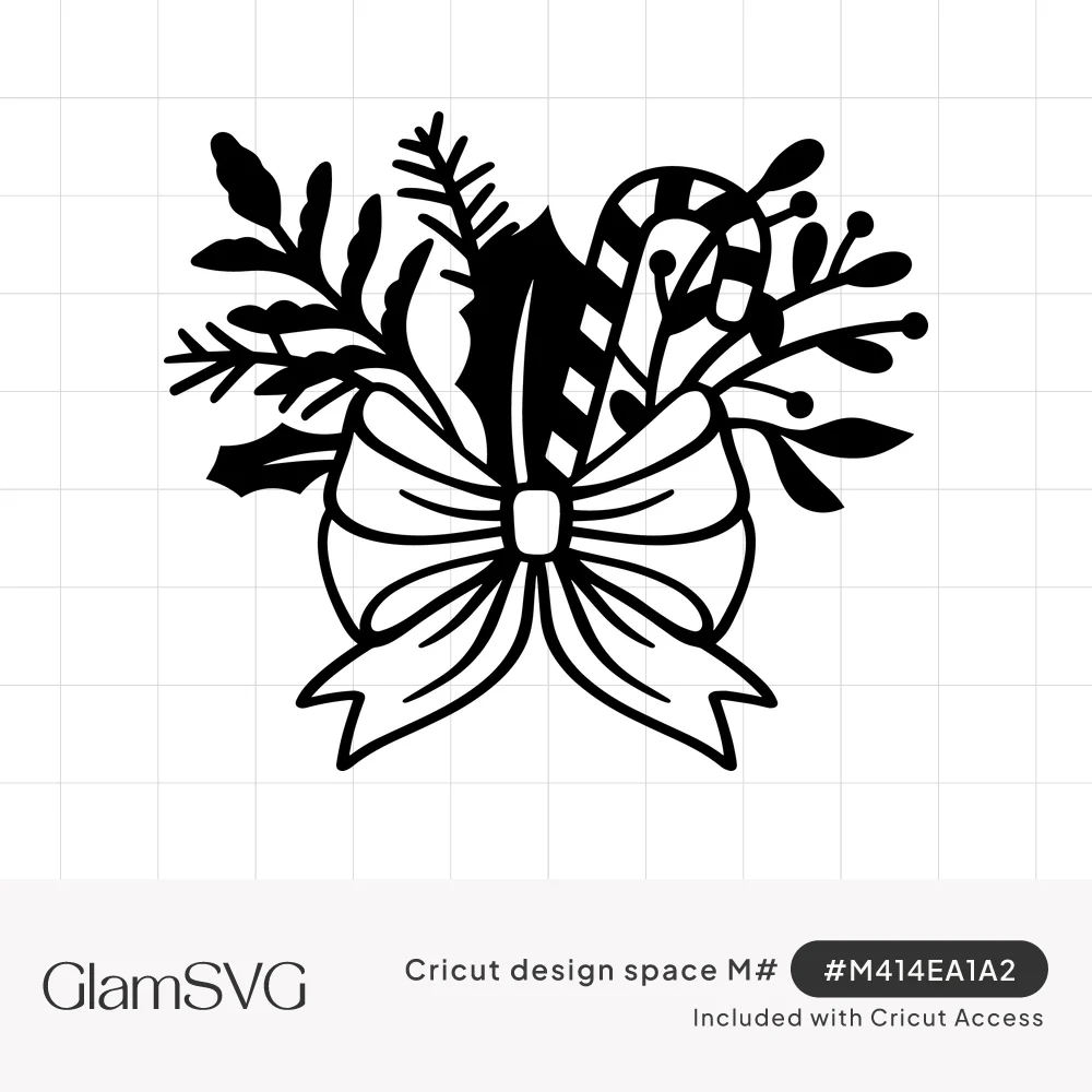 Black silhouette of a large bow tied around holly leaves, pine sprigs, berry branches and a striped candy cane