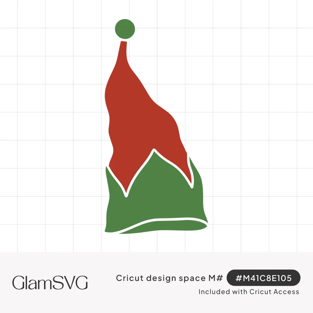Red and green Christmas elf hat with a leaning floppy tip, green pom-pom, and pointed jagged cuff