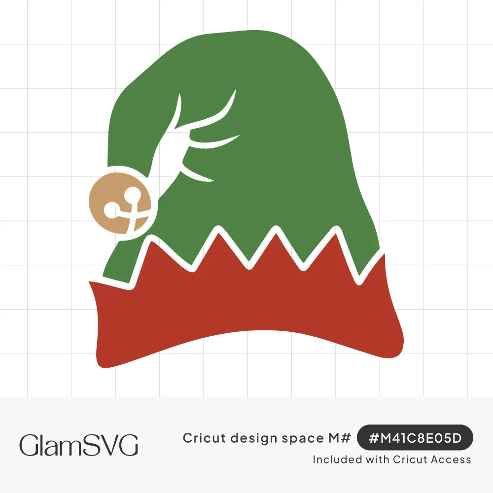 Green Christmas elf hat with a red zigzag cuff, white highlights and a tan jingle bell on the curled tip