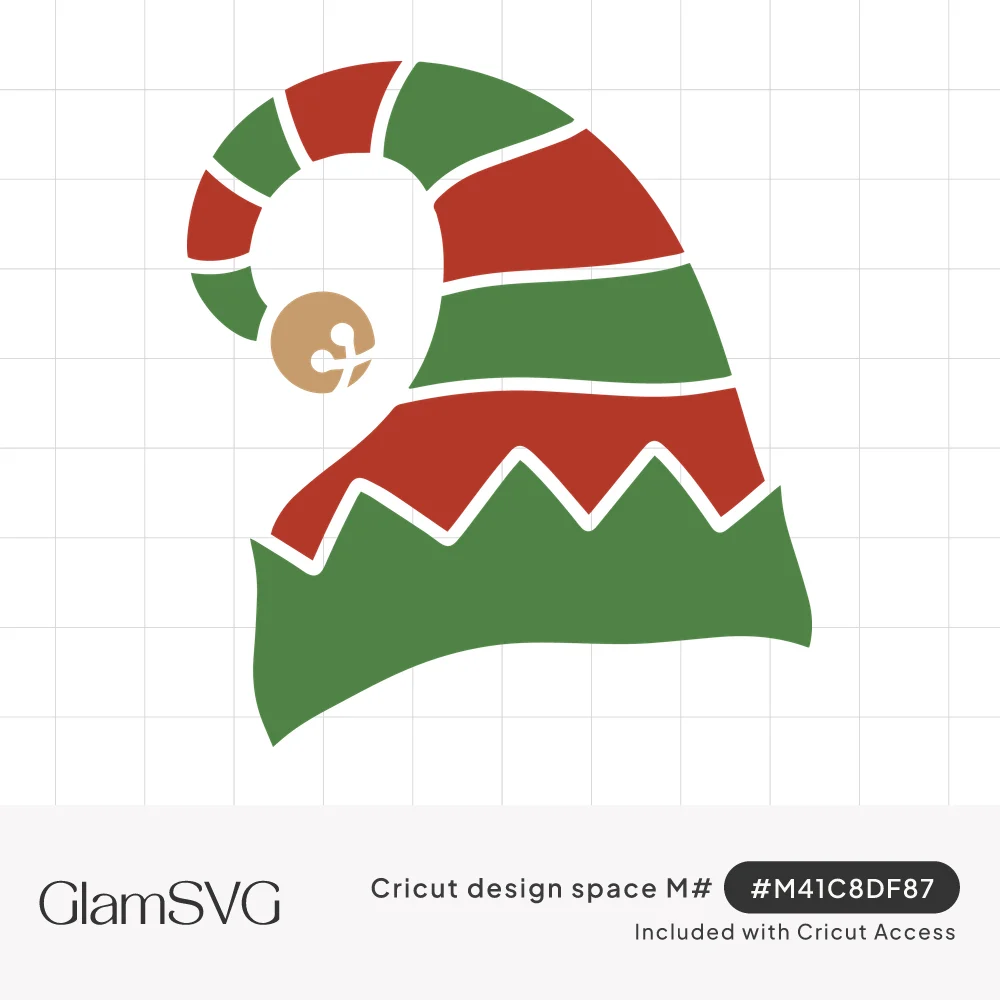 Red and green striped elf hat with a curled tip, gold jingle bell and zigzag green brim