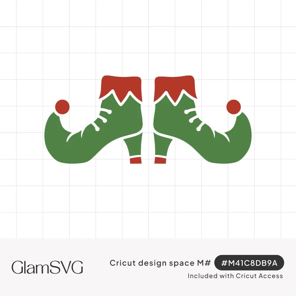 Pair of green elf boots with curled toes, red jagged cuffs, red pom-poms and white lace details, facing each other