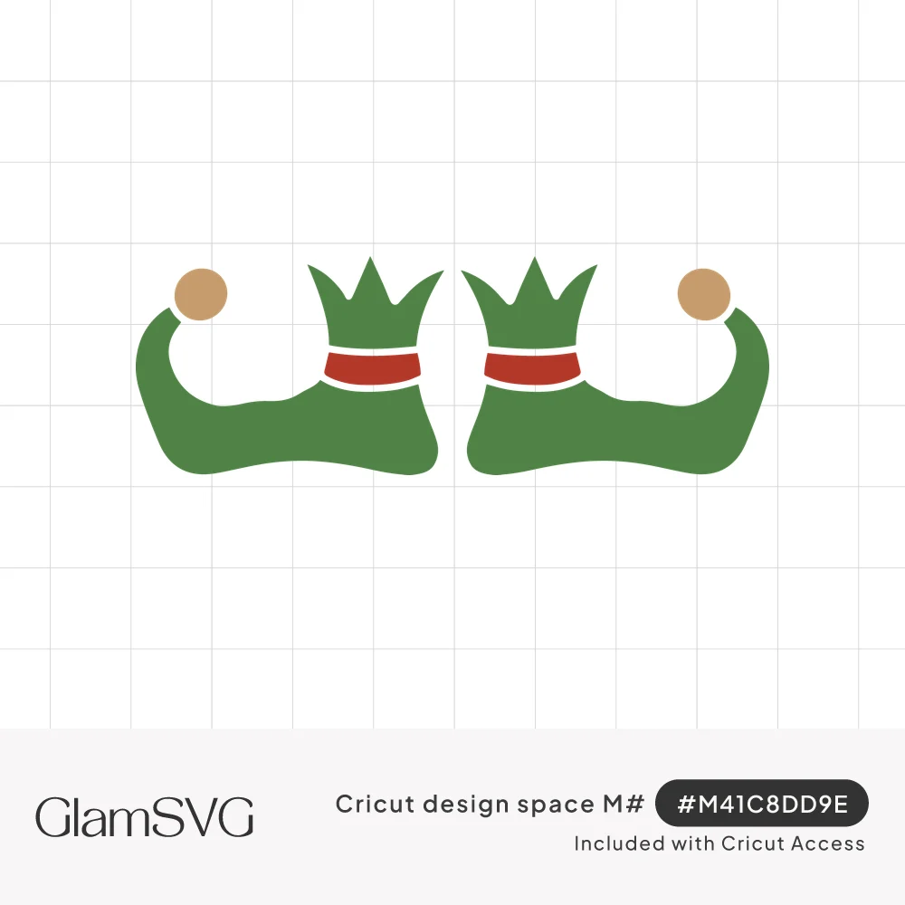 Two green elf shoes with curled toes, gold pom-poms, pointed cuffs and red ankle bands facing each other