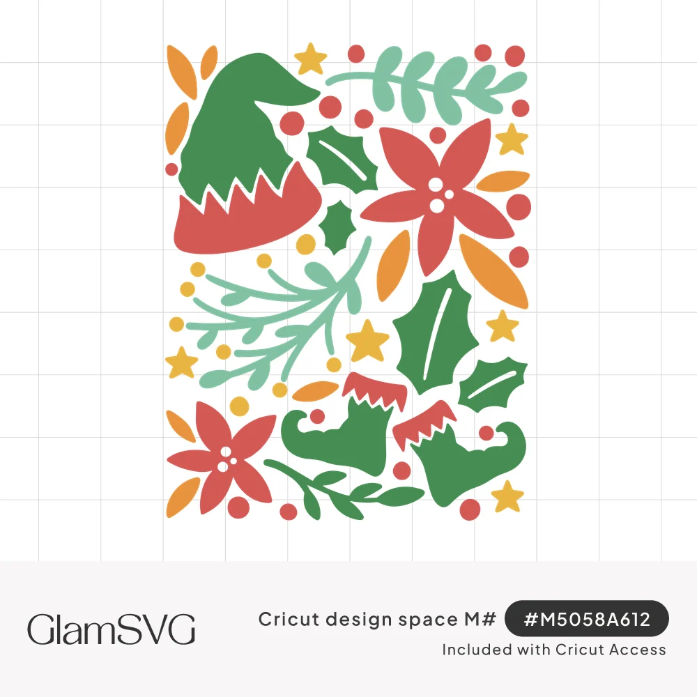 Rectangular Christmas collage of an elf hat, elf shoes, red poinsettias, holly, evergreen sprigs, berries and gold stars