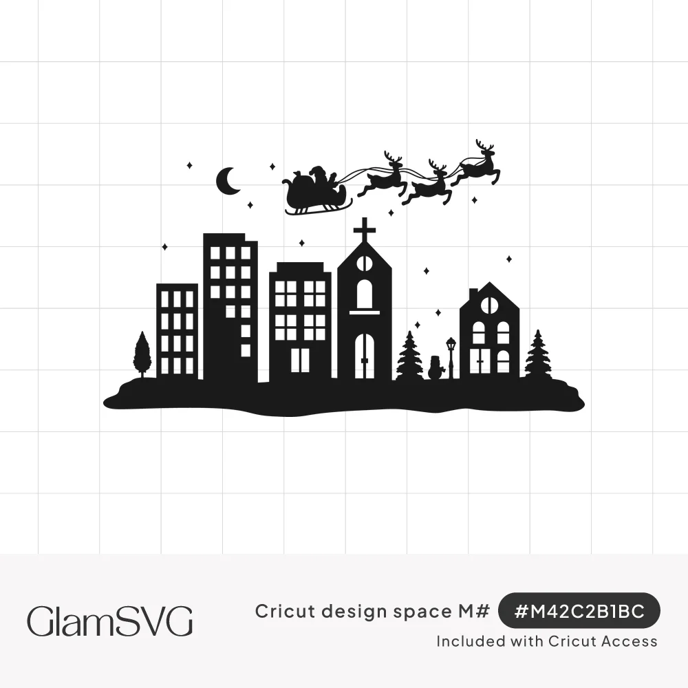 Black silhouette of a town skyline with church and trees, Santa's sleigh and reindeer flying past a crescent moon