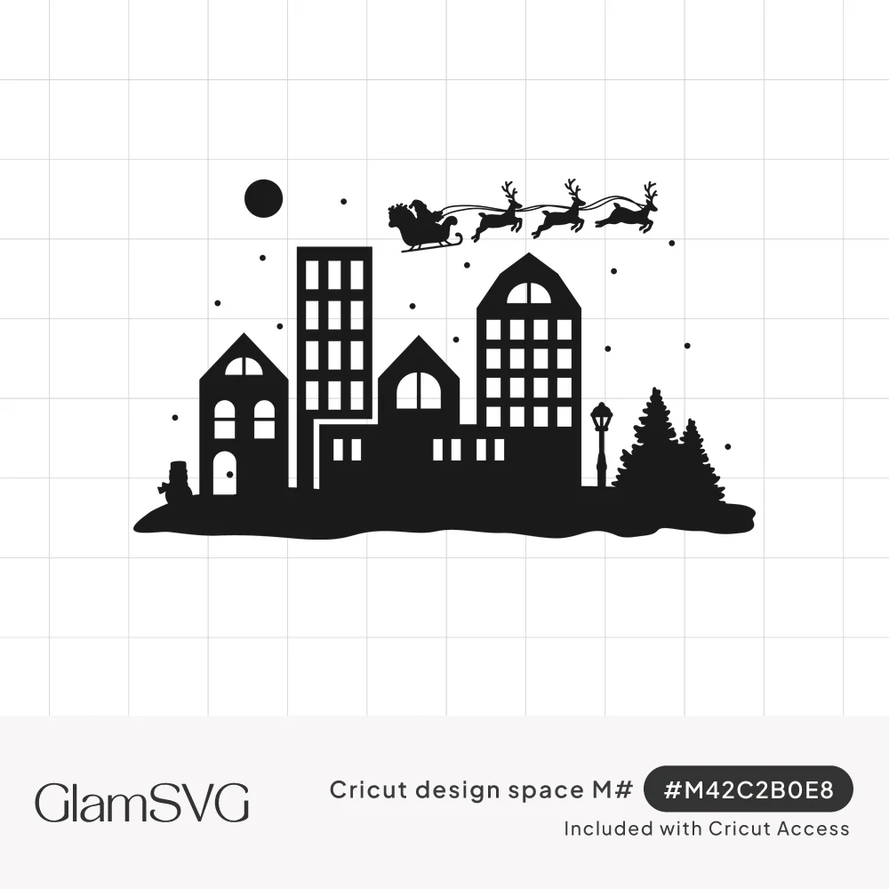 Black silhouette of Santa's sleigh and reindeer flying above a town skyline with houses, lamp post, pine trees and snow