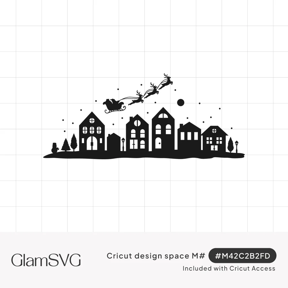 Black silhouette of a snowy village with tall houses, trees and a snowman as Santa's sleigh and reindeer fly overhead