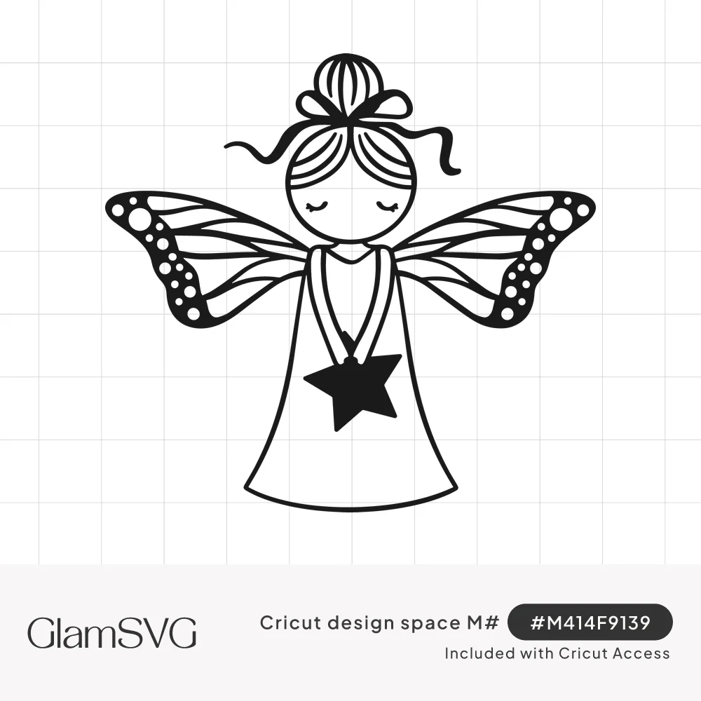 Line drawing of a fairy girl with a top bun, closed eyes, butterfly wings and a star pendant on a ribbon