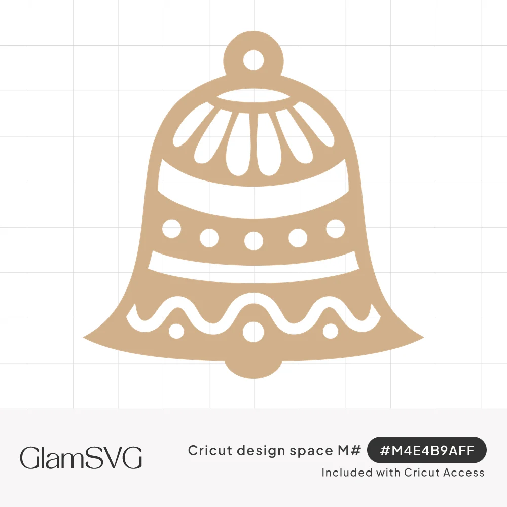 Tan Christmas bell gift tag with a hanging loop and cutout petals, dots, stripes and a wavy scallop pattern