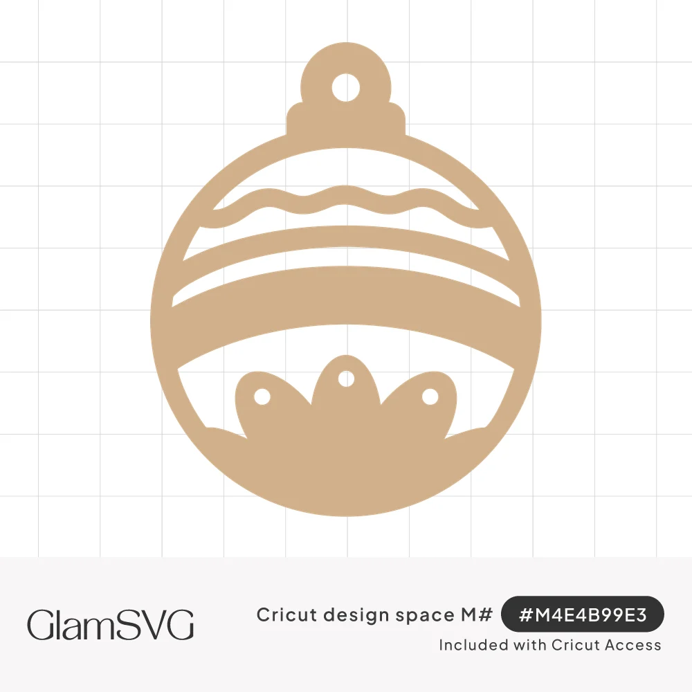 Tan round Christmas ornament gift tag silhouette with a hanging hole, wavy line, wide stripe and scalloped dotted cutouts