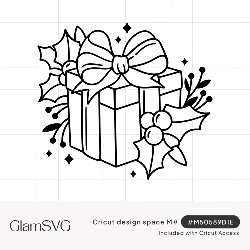 Black line art of a wrapped Christmas gift box with a large bow, holly leaves, berries and small sparkles