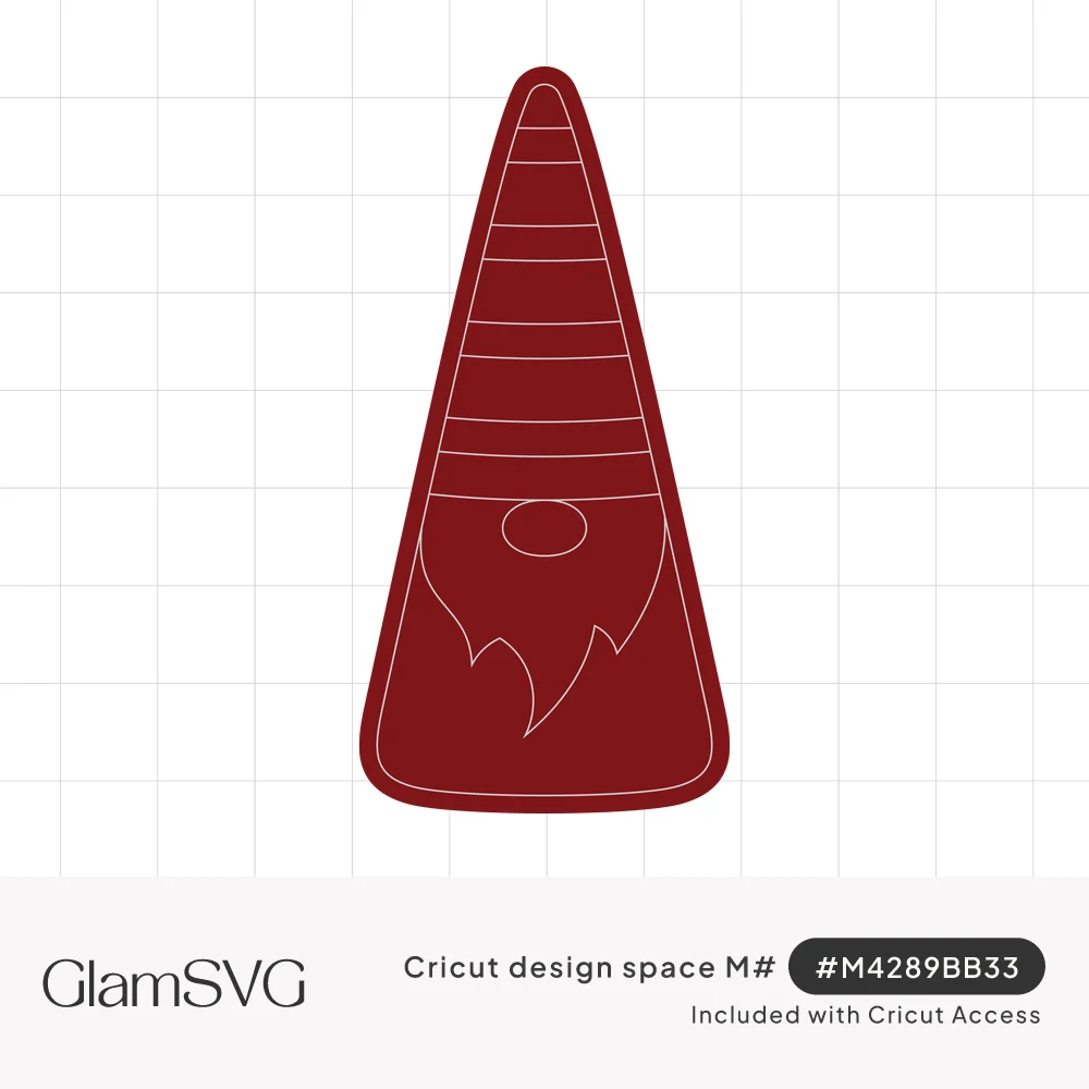 Tall triangular red Christmas gnome with striped pointed hat, round nose and wavy beard outlined in thin gold lines