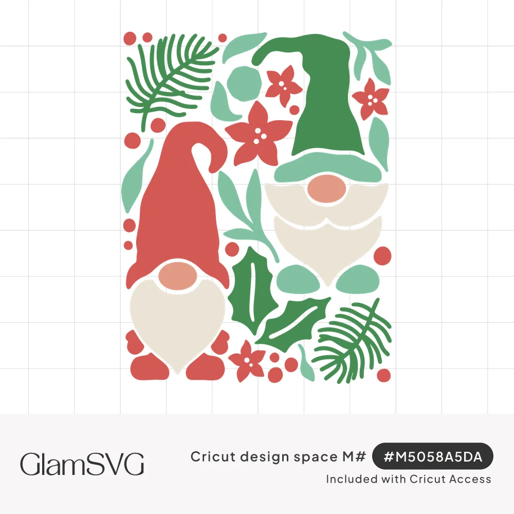 Two bearded gnomes in red and green hats surrounded by poinsettias, holly leaves, pine sprigs and red berries