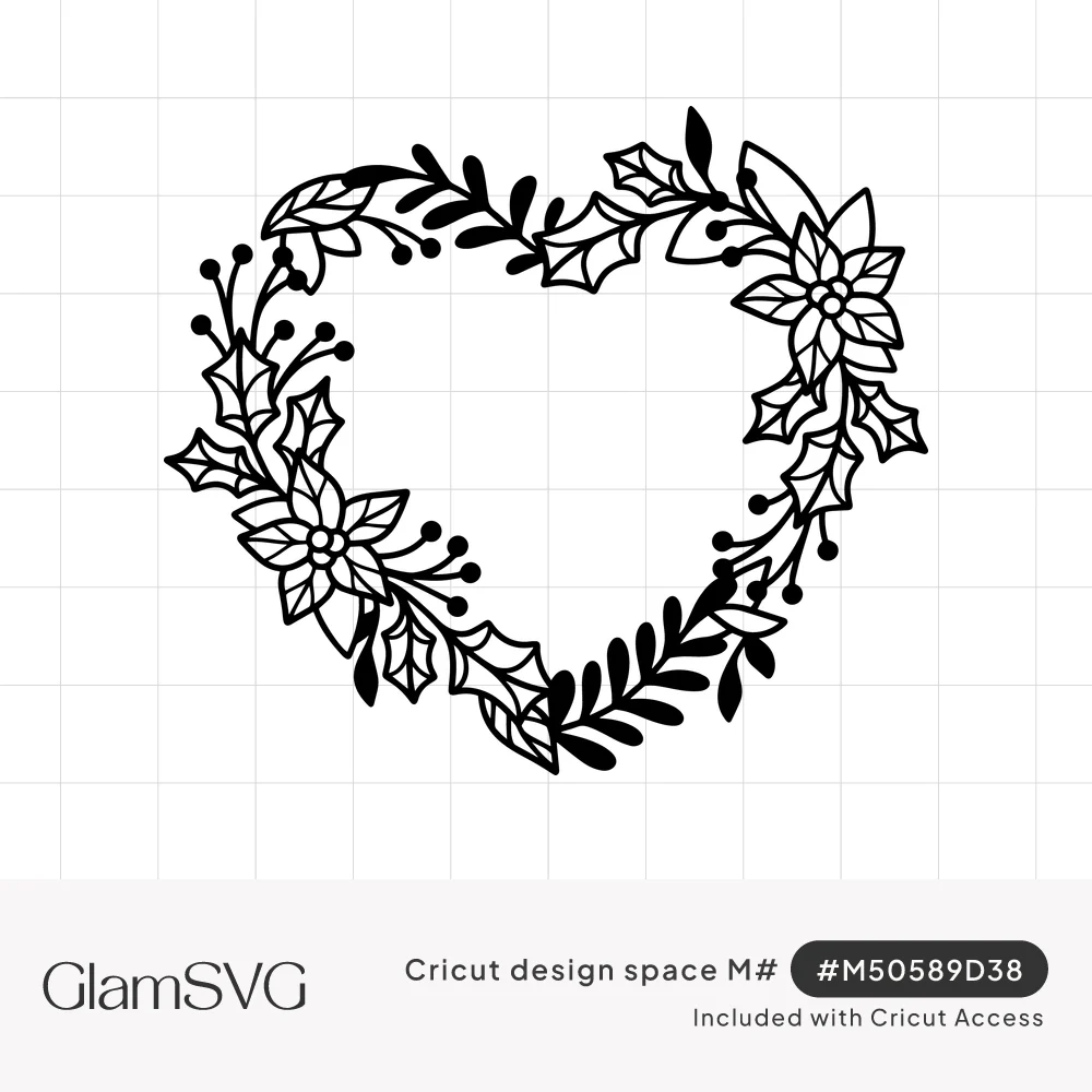 Black line art heart-shaped wreath made of poinsettias, holly leaves, berries and greenery sprigs with an empty center