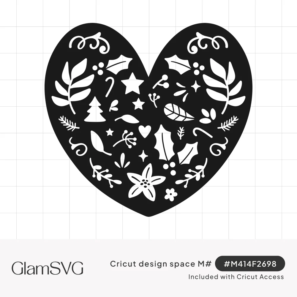 Black heart with white cut-out Christmas motifs including holly, stars, candy canes, a tree, leaves and a poinsettia