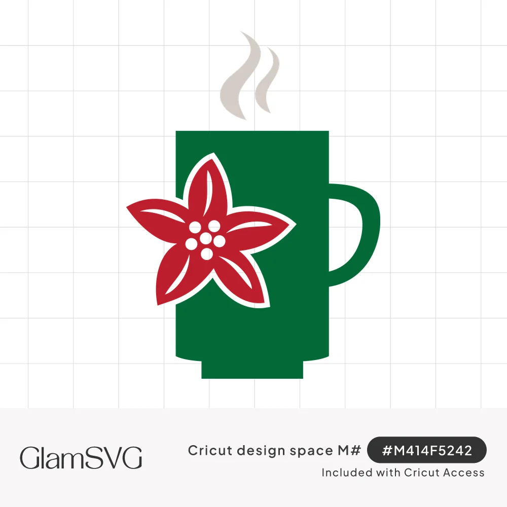 Green mug with gray steam rising and a large red poinsettia flower with white dots on its side