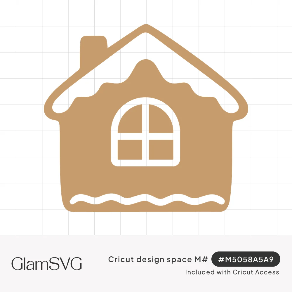 Tan gingerbread house cookie with white icing on the roof, an arched window, chimney, and a wavy icing line at the base