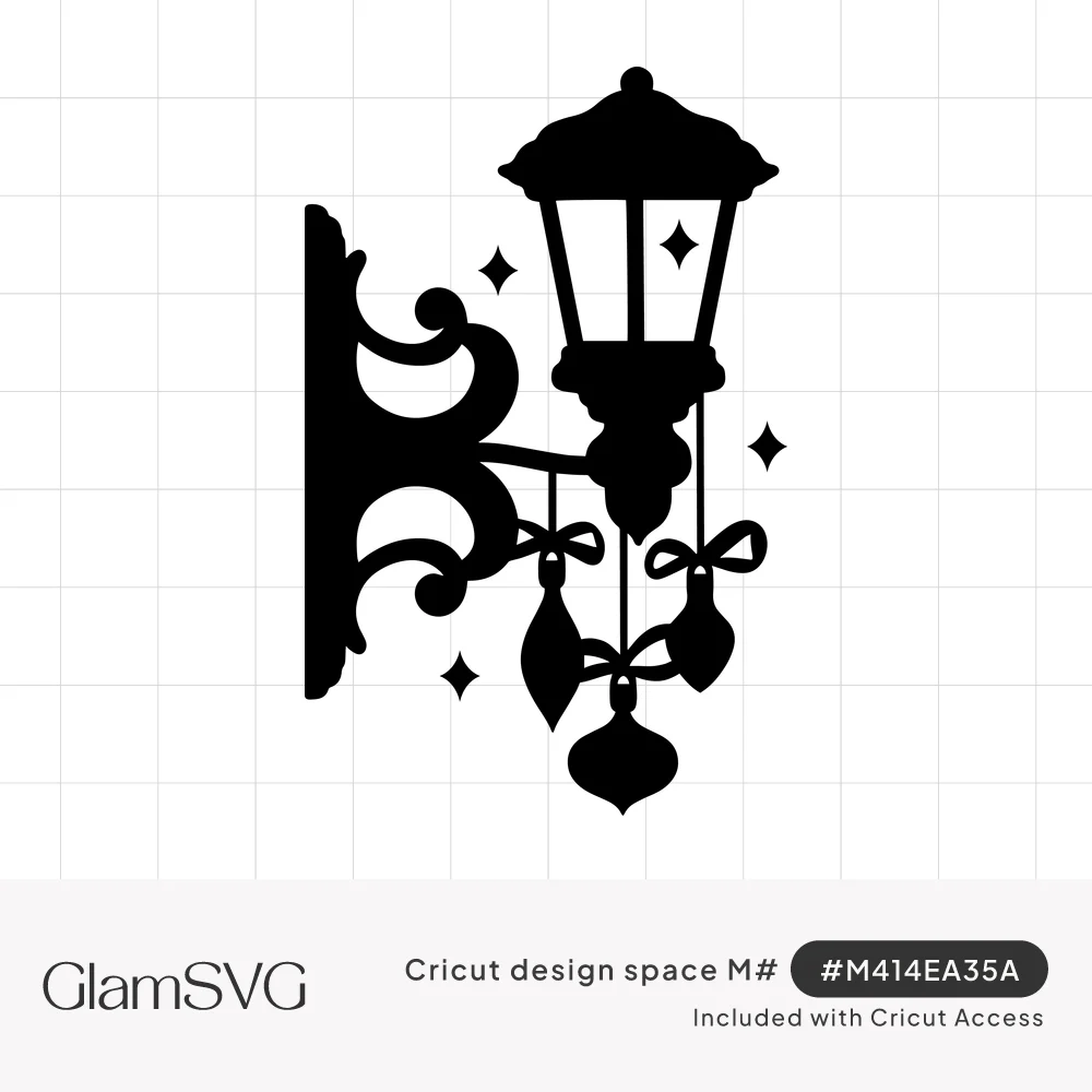 Black silhouette of a wall lantern on a scrolled bracket with three hanging Christmas ornaments on bows and sparkles
