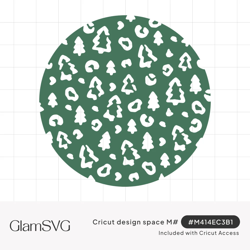 Green circle filled with a white pattern of leopard print spots mixed with solid and outlined Christmas trees