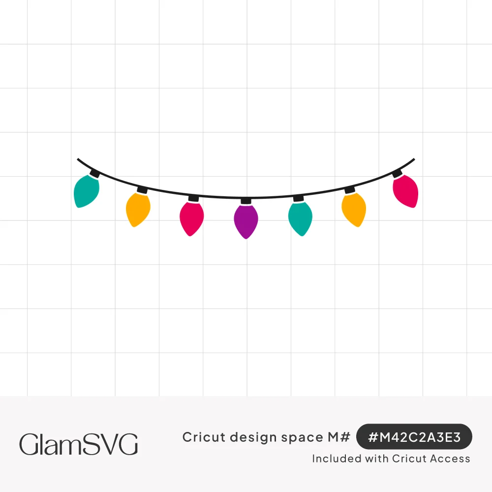 Curved string of seven Christmas light bulbs in teal, yellow, magenta and purple on a black wire